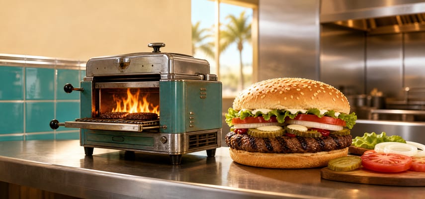 A turquoise-and-chrome countertop broiler with visible flames stands beside a large sesame-seed hamburger topped with lettuce, tomato, onion and pickles, with sliced toppings arranged nearby.