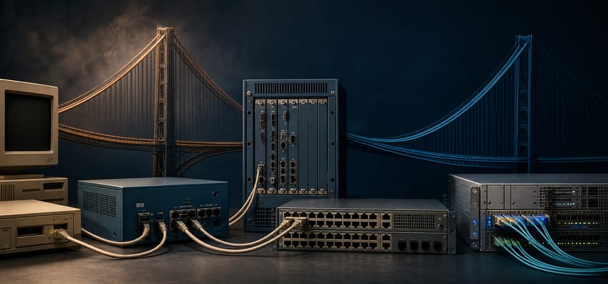 Vintage beige computers and several generations of blue-gray network routers, switches, and server equipment connected by cables beneath illuminated suspension bridges.