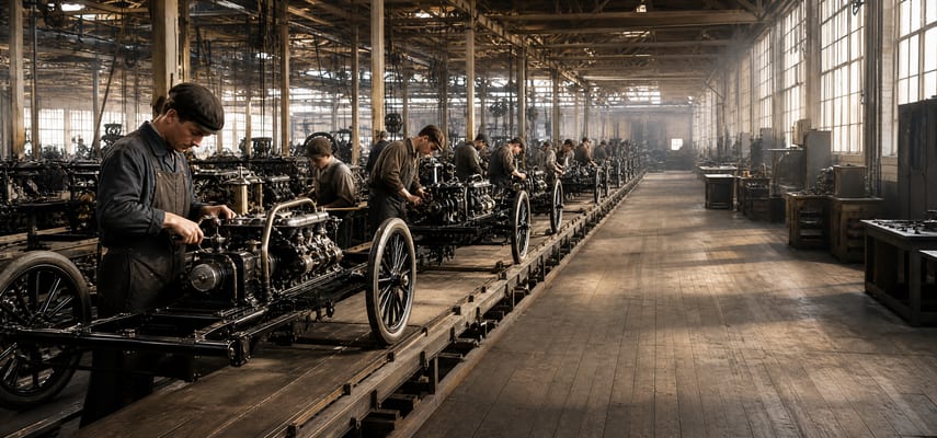 Workers assemble exposed automobile chassis along a long factory production line inside a sunlit industrial hall.