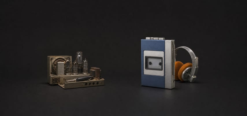 A small vintage radio chassis with vacuum tubes and a soldering iron sits to the left of a blue-and-silver portable cassette player with orange-foam headphones on a dark charcoal background.