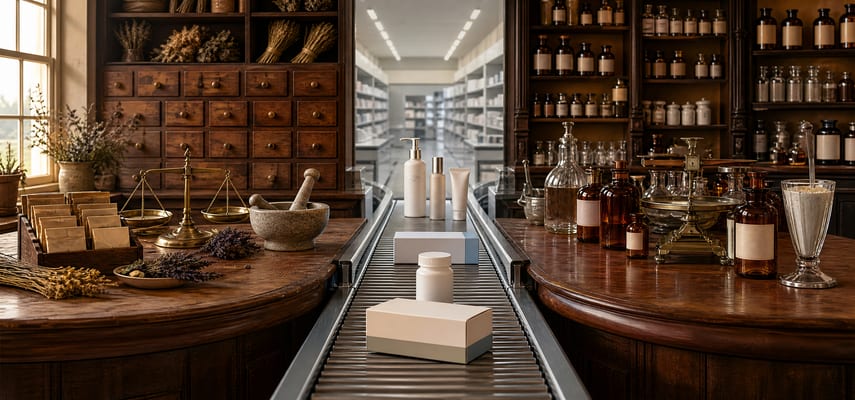A central pharmacy conveyor with blank cartons, a prescription container, and skincare bottles runs between two dark wooden counters, one displaying herbs, apothecary drawers, a brass balance, and a mortar, and the other displaying amber bottles, glass vessels, a scale, and a soda-fountain glass.