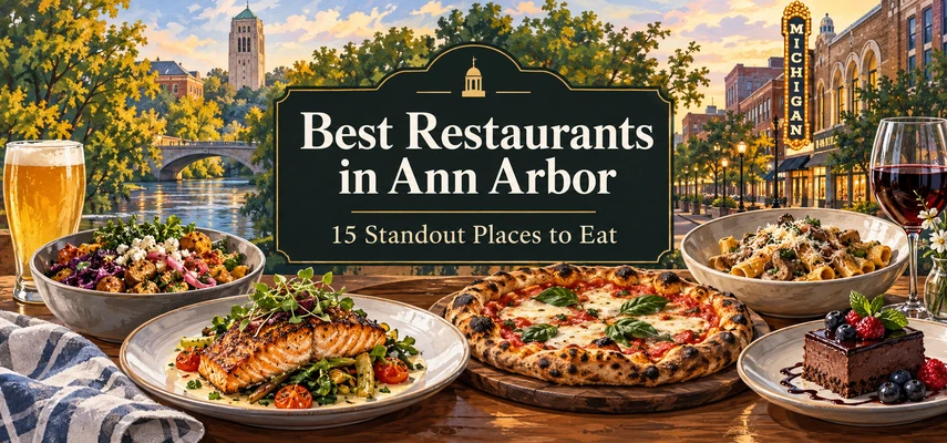 Illustrated dining collage for Best Restaurants in Ann Arbor: 15 Standout Places to Eat