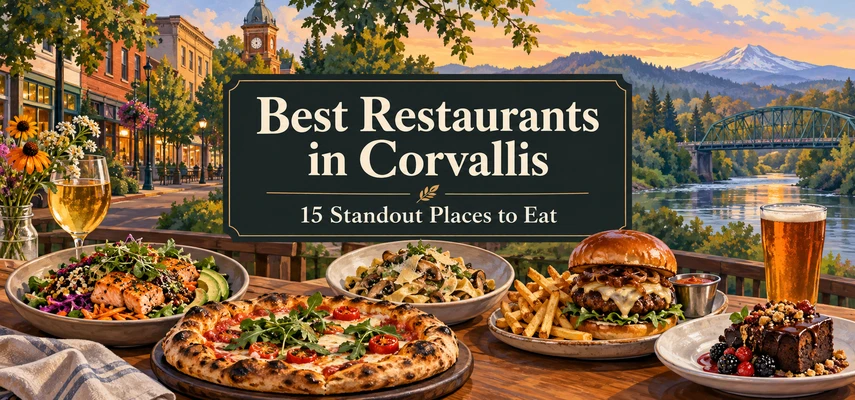 Illustrated dining collage for Best Restaurants in Corvallis: 15 Standout Places to Eat