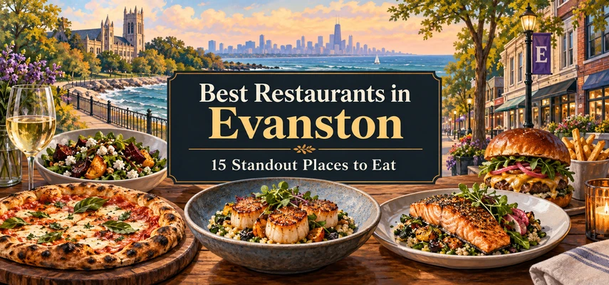 Illustrated dining collage for Best Restaurants in Evanston: 15 Standout Places to Eat
