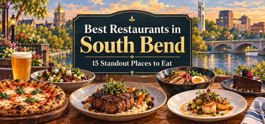 Illustrated dining collage for Best Restaurants in South Bend: 15 Standout Places to Eat