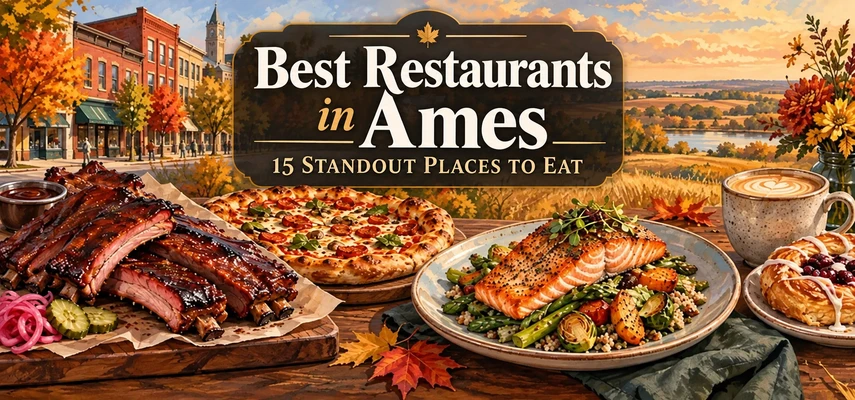 Illustrated dining collage for Best Restaurants in Ames: 15 Standout Places to Eat