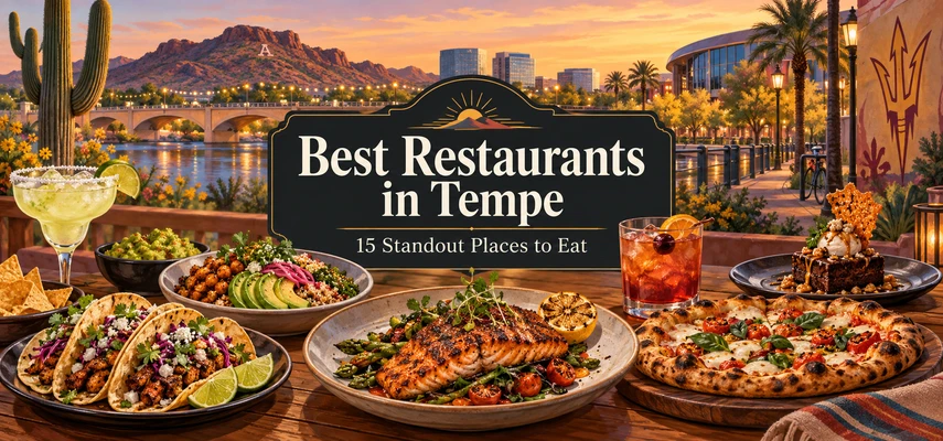 Illustrated dining collage for Best Restaurants in Tempe: 15 Standout Places to Eat