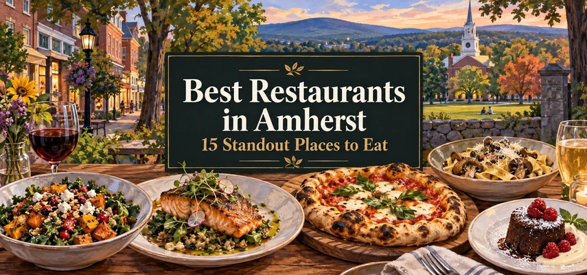 Illustrated dining collage for Best Restaurants in Amherst: 15 Standout Places to Eat