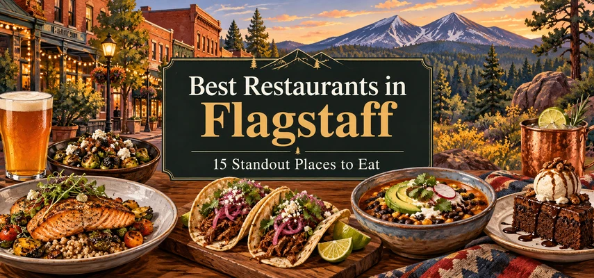 Illustrated dining collage for Best Restaurants in Flagstaff: 15 Standout Places to Eat