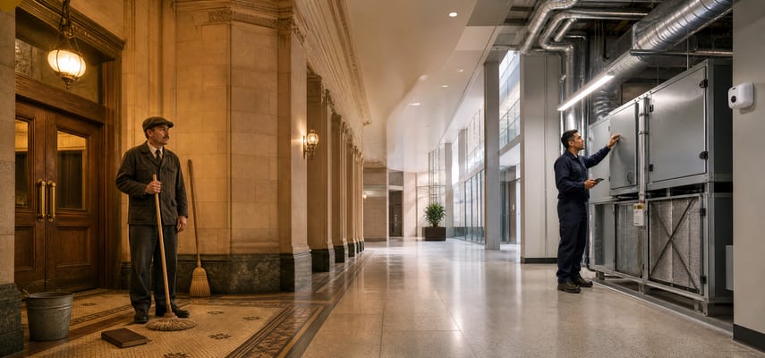 A historical caretaker with a mop and broom stands in a warm stone-and-wood vestibule that transitions into a modern building interior, where a technician inspects an air-handling unit.