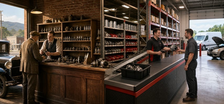 A wide scene transitions from an early brick auto-parts shop with a period car and two men at a wooden counter to warehouse racks and a modern counter where an employee hands a component to a repair technician.
