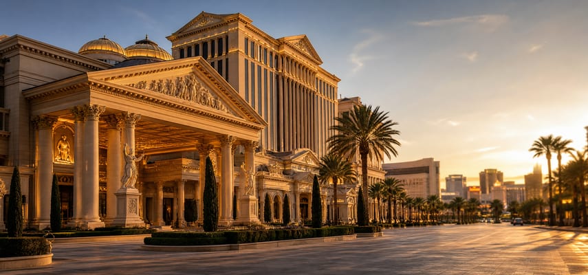 Roman-inspired hotel and casino buildings with columns, pediments, statues, and palm trees beside a broad paved drive at golden hour.