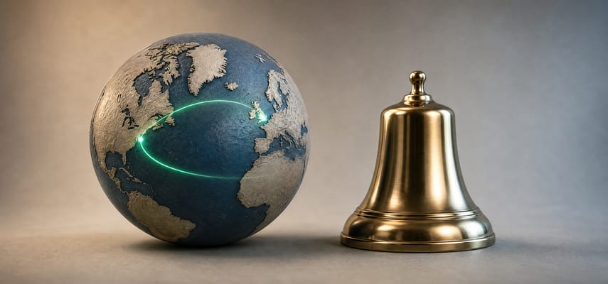 A relief globe showing the North Atlantic with a glowing green loop between North America and the British Isles, beside a polished brass stock-exchange bell.
