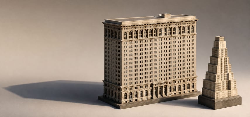 Two limestone-colored architectural models on a neutral surface: a broad classical rectangular high-rise beside a smaller stepped skyscraper form, both casting long shadows.