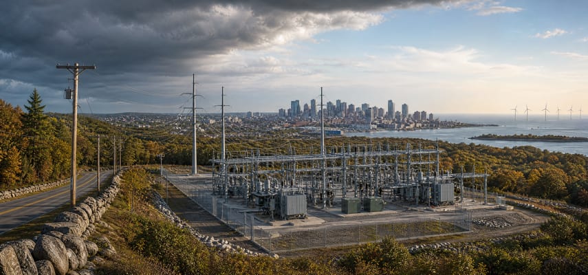 Wide coastal panorama with a stone-walled wooded road and wooden utility pole at left, a large electrical substation in the foreground, a city skyline across the harbor, and offshore wind turbines on the right horizon beneath clearing storm clouds.