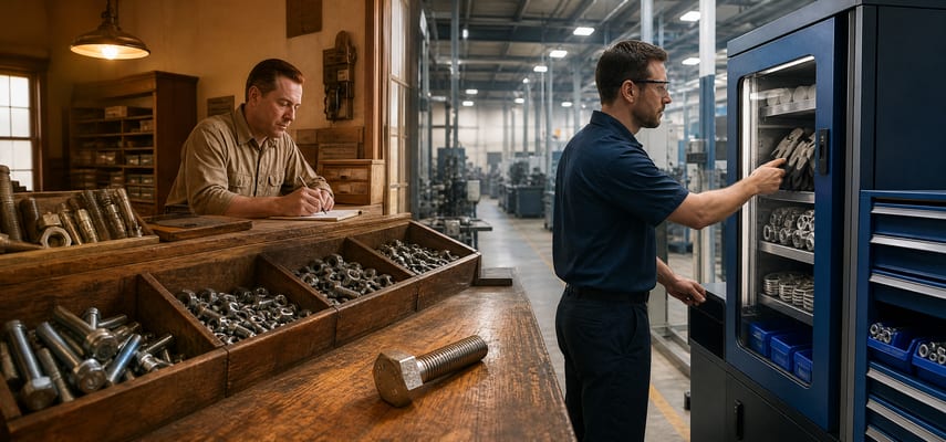 A wooden counter with open bins of metal fasteners and a large bolt transitions into a modern factory where a worker retrieves gloves from a blue industrial cabinet.