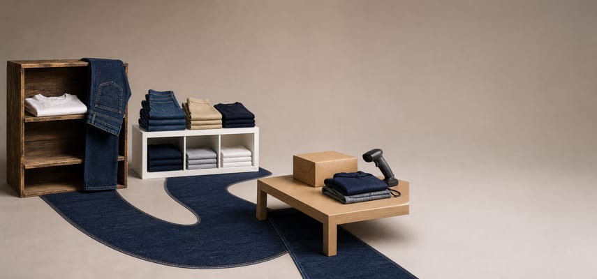 A denim path connects a rustic wooden shelf holding jeans and a white T-shirt, a white display stacked with denim and neutral clothing, and a wooden table with a parcel, folded garments, and a handheld scanner.