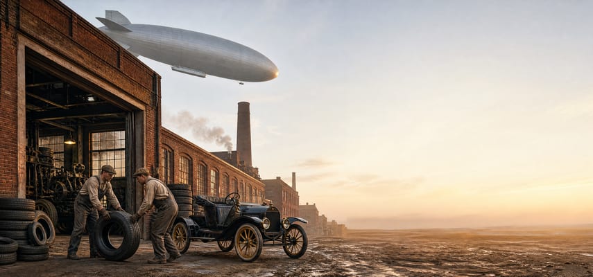 Two period factory workers handle a large automobile tire beside an early motorcar outside a red-brick industrial building, while a silver airship floats overhead.