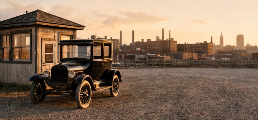 A black early automobile parked beside a wooden booth on a gravel lot, with brick industrial buildings and smokestacks in the warm evening background.
