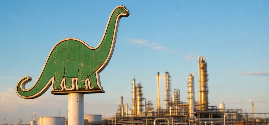 A weathered green dinosaur-shaped sign on a white pole stands against a blue sky, with refinery towers and pipelines in the background.