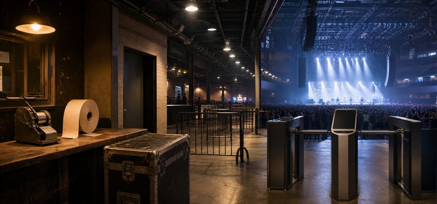 A warm, dim box-office counter with a mechanical ticket device, paper roll, and road case transitions through venue railings to a cool-lit arena entrance, contactless scanner, crowded concert floor, and illuminated stage.