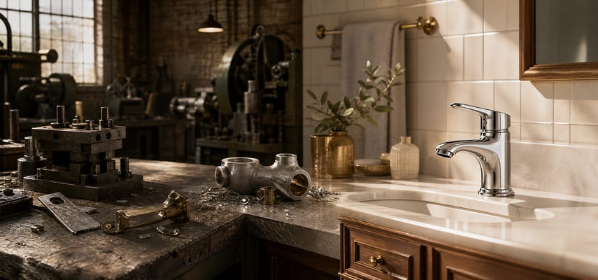A wide scene transitions from a dim industrial metalworking shop with a stamping die and metal components to a warmly lit bathroom vanity with a polished chrome faucet and sink.