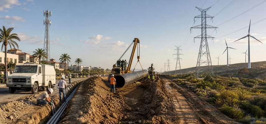 Utility workers install conduit beside a white service truck and palm-lined buildings, while machinery positions a large pipeline along a corridor leading toward power lines and wind turbines.