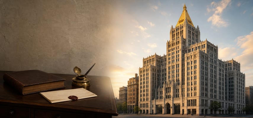 A dark wooden desk with a closed leather ledger, blank sealed paper, and brass inkwell transitions into a street-level view of a pale stone Gothic skyscraper topped by a gold pyramidal roof.