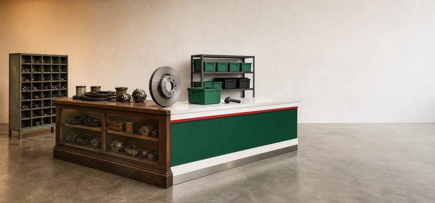 A wide interior scene with an aged wood-and-glass auto-parts counter transitioning into a modern green, white, and red fulfillment bench. An upright brake rotor stands at the transition, with a steel parts cubby on the left, green storage bins behind the modern section, and an empty off-white wall on the right.