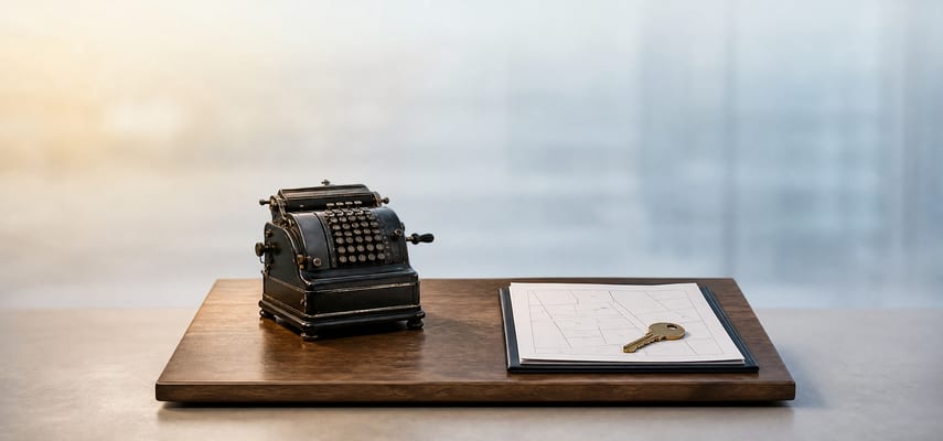 A vintage black mechanical adding machine and a property survey folio with a brass house key rest separately on a compact walnut writing surface against a softly blurred blue-gray background.