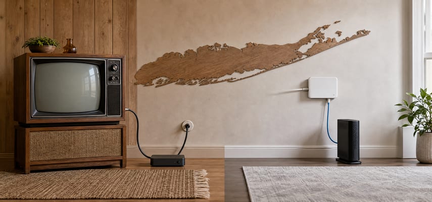Wide interior scene with a wood-cased vintage television and cable converter on the left, a wall-mounted white terminal and black broadband gateway on the right, and a wooden silhouette of Long Island across the wall.