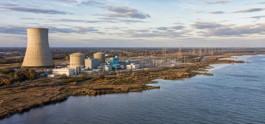 Wide aerial view of a nuclear generating complex beside tidal marshes and a broad river, with a large cooling tower, rounded reactor buildings, an electrical switchyard, and rows of transmission towers.