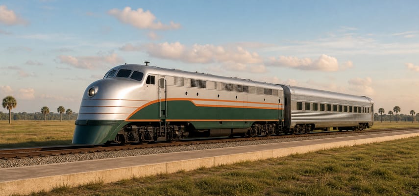 A silver, dark green, and orange streamlined diesel locomotive pulls one stainless-steel passenger coach beside a concrete platform in a flat grassy landscape with scattered palm trees.