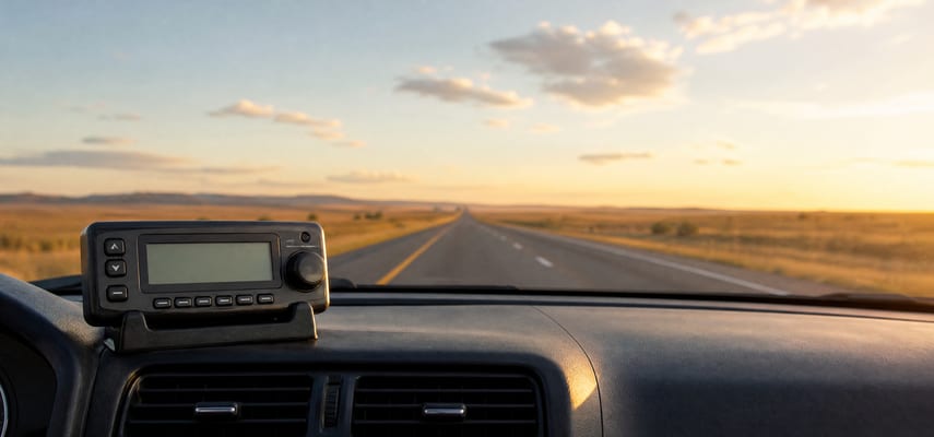An unbranded radio receiver mounted on a car dashboard beneath a windshield overlooking an empty rural highway at sunset.