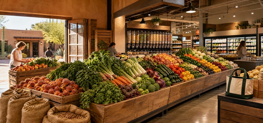 A wide grocery interior with wooden displays piled with peaches, greens, carrots, peppers, melons, and other produce, transitioning from a sunlit stucco market entrance on the left to bulk dispensers and refrigerated cases on the right.