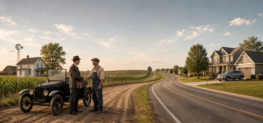 A period insurance agent shakes hands with a farmer beside an early automobile and cornfield, while a dirt road transitions into a paved road leading toward modern suburban houses and a contemporary car.