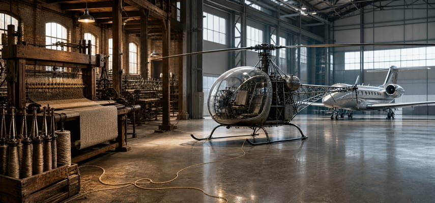 An old wooden textile loom and yarn spindles occupy the left side of an industrial space that transitions into a modern hangar, where a bubble-canopy helicopter stands in front of a business jet.