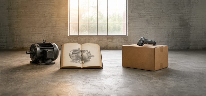 A vintage cast-iron electric motor and an open catalog with a motor illustration sit opposite a plain shipping carton topped by a handheld warehouse scanner in a spacious brick-walled industrial room.