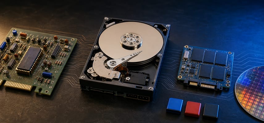 A vintage green circuit board, an open hard drive with a reflective platter, and a modern flash-storage board are arranged from left to right on a dark workbench, with part of a silicon wafer at the far right.