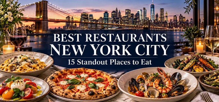 Best Restaurants in New York City: 15 Standout Places to Eat, with an illustrative city skyline and food collage