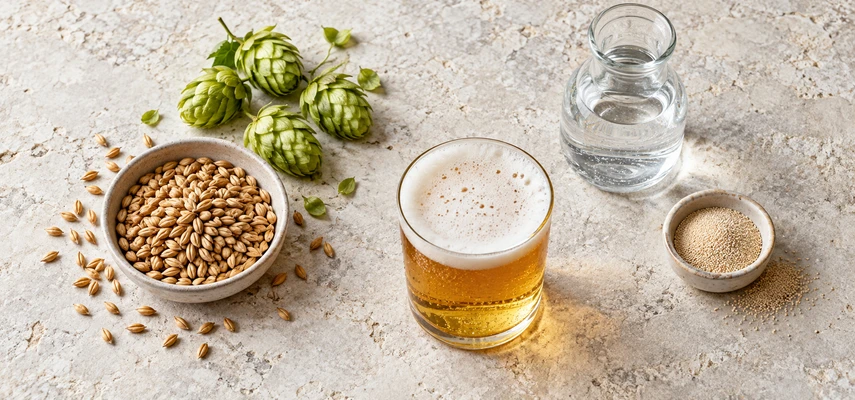 Golden beer with malted grain, green hop cones, water, and brewing yeast on pale stone.
