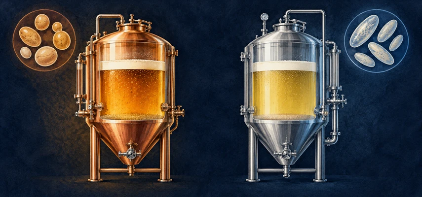 Illustrated fermentation vessels in copper and silver tones with stylized yeast motifs.