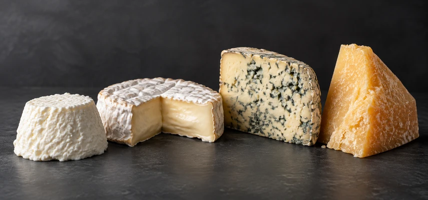 Fresh white cheese, a cut bloomy-rind round, blue cheese and a hard golden cheese arranged on a charcoal surface.