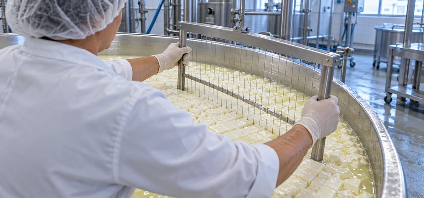 A cheesemaker in a white coat, hair covering and gloves cuts curds with a wire harp in a stainless steel dairy vat.