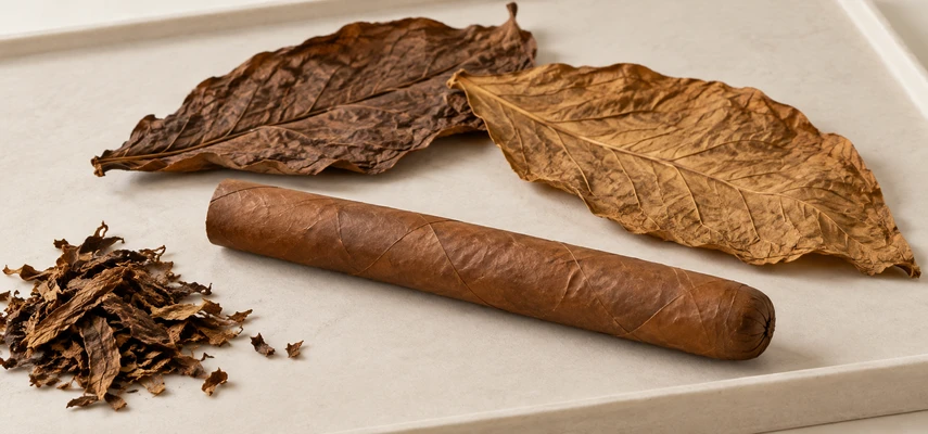 An unlit, unbanded cigar beside two cured tobacco leaves and loose tobacco on a cream specimen tray.