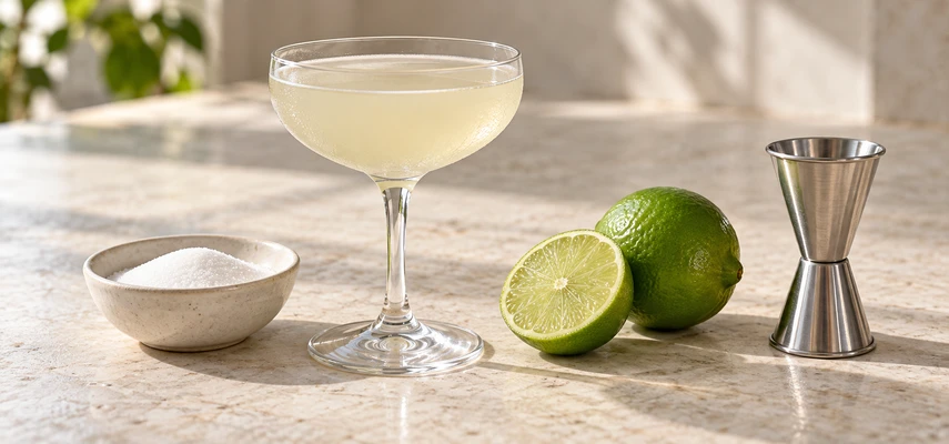 A pale Daiquiri in a coupe beside a dish of sugar, cut and whole limes, and a stainless steel jigger on a stone counter.