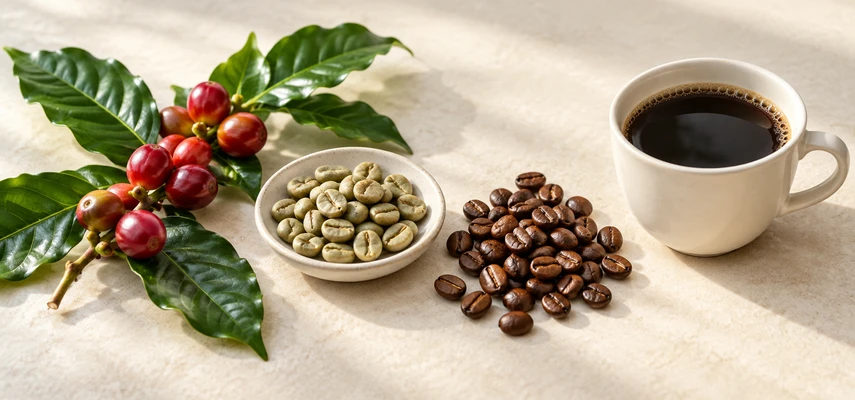 Coffee branch with red cherries and green leaves beside unroasted seeds, roasted beans and a cup of black coffee.