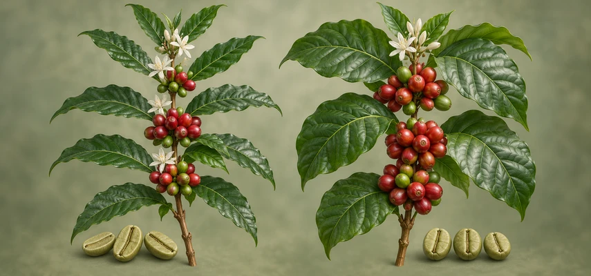 Paired illustrative Arabica and Robusta coffee branches with red cherries, glossy leaves and green coffee seeds.