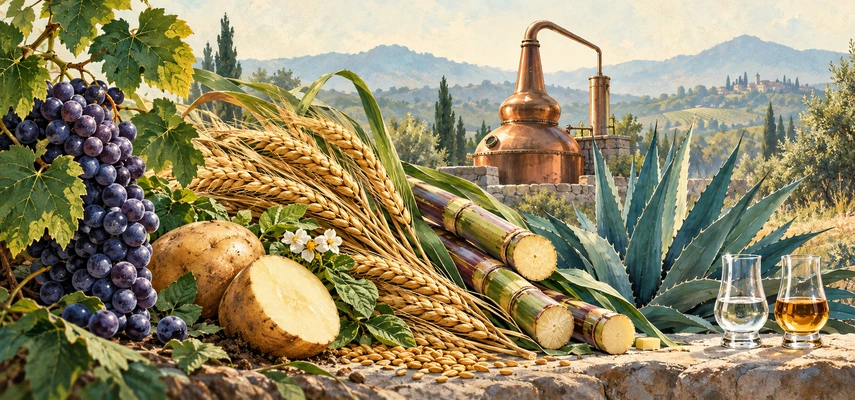 Illustration of grapes, a potato, grain, sugarcane and agave beside a copper still and clear and amber spirit samples.