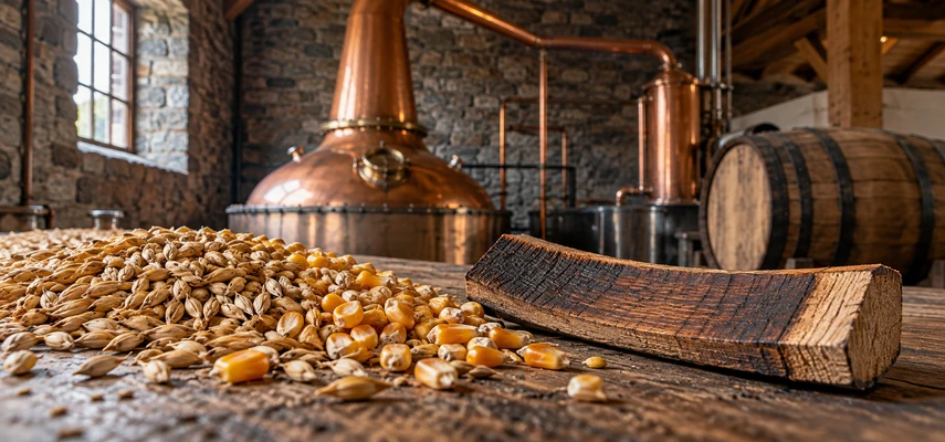 Barley and corn kernels beside a charred oak stave, with a copper pot still and oak cask in a conceptual distillery.